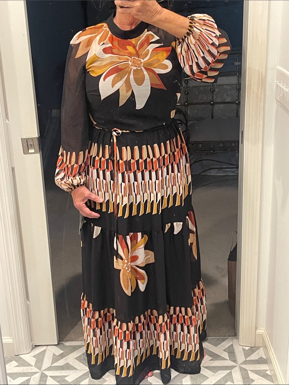 Maison Tara NWT Black Maxi Dress with Mustard, Rust & Cream Floral Accents - Picture 4 of 10